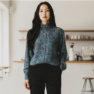 Anne Klein Womens‎ Shirt Vintage Floral Print High Neck Long Sleeve Button Down